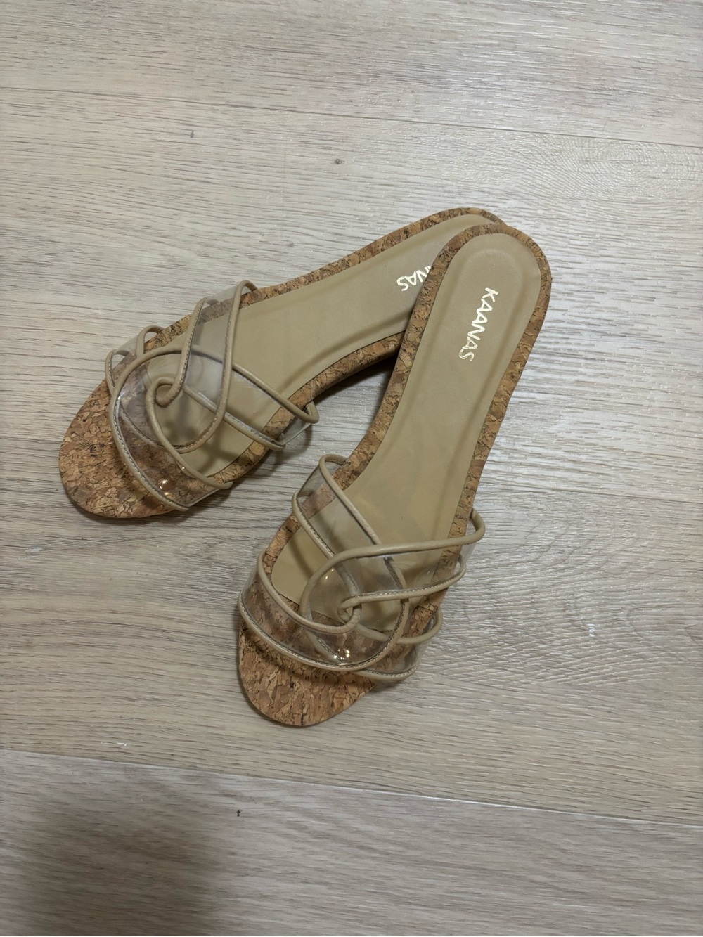 Kaanas Beige Cork Slide Sandals with Clear Straps